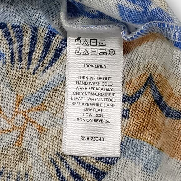 Nicole Miller Tropical Floral Print Linen Collar Top Medium Blue Multi Summer - Picture 6 of 9